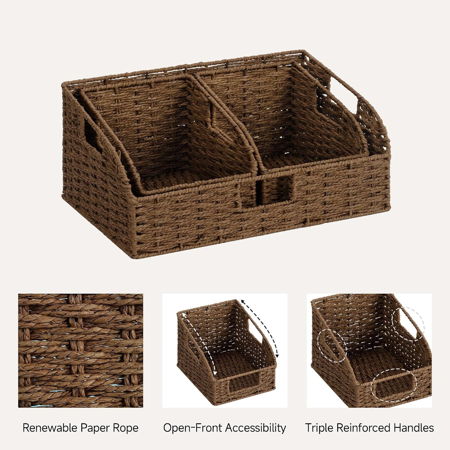 StorageWorks Water Hyacinth Pantry Storage Baskets, Wicker Baskets with Built-in Handles, Handwoven Shelf Baskets for Organizing, Pantry Organizers and Storage, 3 Pack