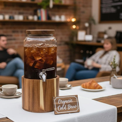 1 Gallon Glass Water & Lemonade Dispenser with Wooden Lid & Stand – Mason Jar Beverage Dispenser with Stainless Steel Spigot, Measurement Marks – Drink Server for Parties, Events, Home Use