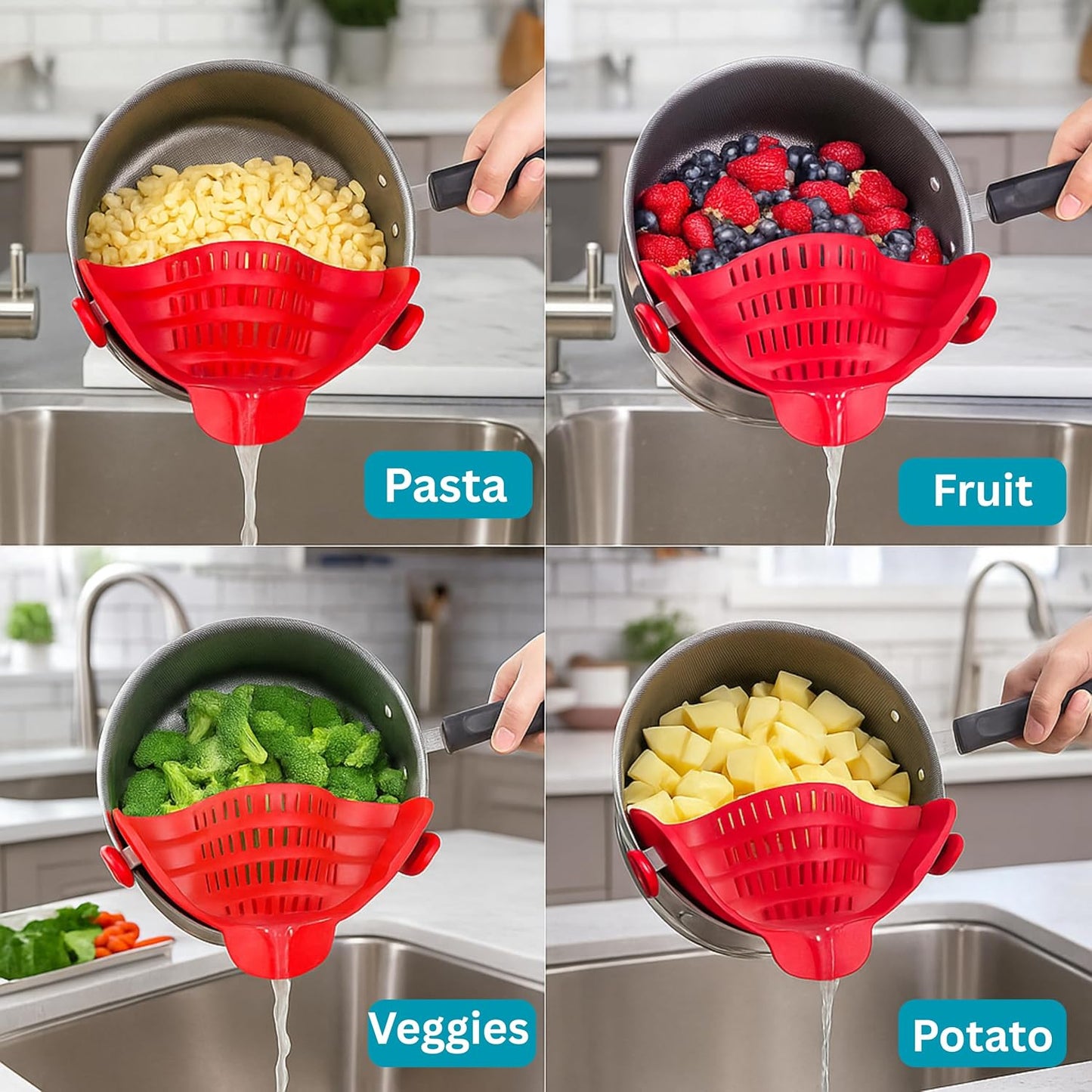 Clip On Strainer Silicone for Pots and Pans, Universal Fit Pasta Strainer and Pot Colander, Space Saving Food Drainer with Collapsible Funnel and Garlic Peeler, 3 Pcs Set, Gray