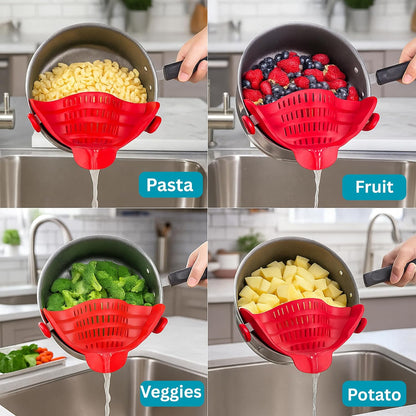 Clip On Strainer Silicone for Pots and Pans, Universal Fit Pasta Strainer and Pot Colander, Space Saving Food Drainer with Collapsible Funnel and Garlic Peeler, 3 Pcs Set, Gray