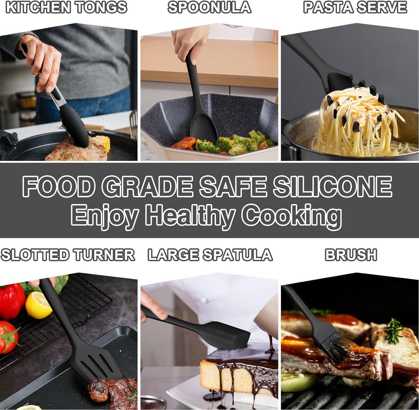 Umite Chef 22-Piece Silicone Cooking Utensils Set，Heat Resistant & Dishwasher Safe Kitchen Tools, Black Non-Scratch Spatula Set for Nonstick Cookware (Khaki)