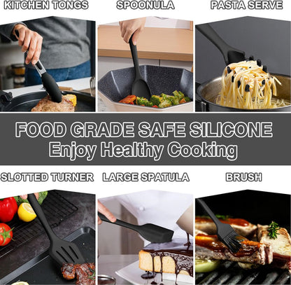 Umite Chef 22-Piece Silicone Cooking Utensils Set，Heat Resistant & Dishwasher Safe Kitchen Tools, Black Non-Scratch Spatula Set for Nonstick Cookware (Khaki)