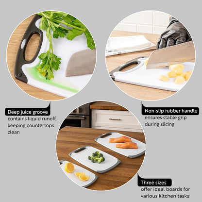 Restaurantware Cutting Board Set 15.7 x 9.6 x 1.1 Inches Plastic, Non-Slip Reversible Chopping Board Knife-Friendly Food Prep Board White