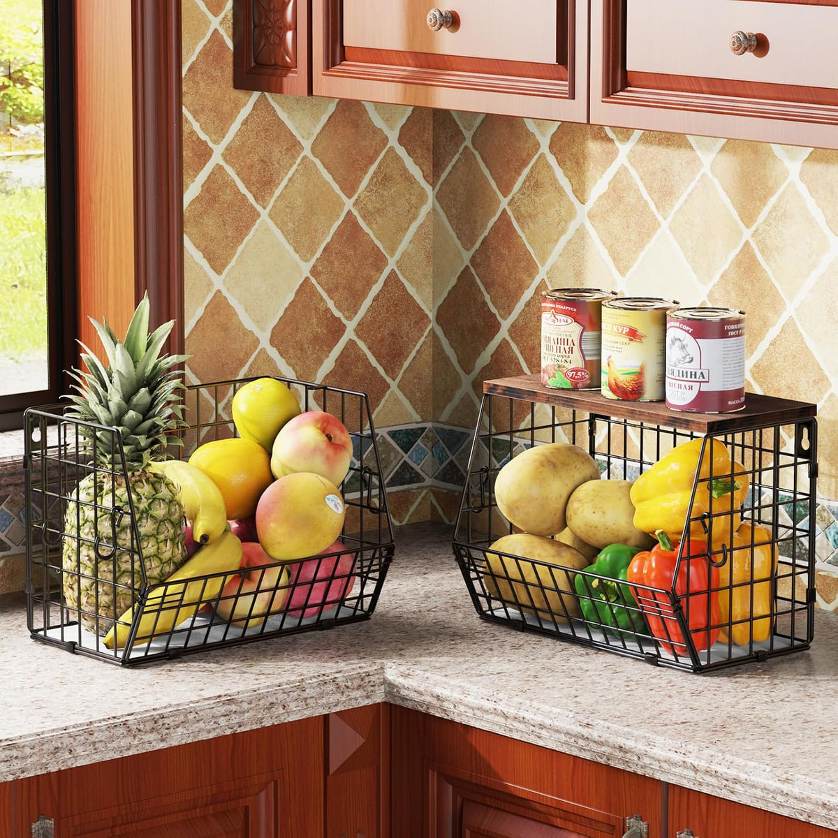 White Fruit Bowl Wire Basket Storage Pantry Fruit and Vegetable Storage Fruit Basket for Kitchen Counter Stackable Wall Mounted Hanging Basket Wire Basket with Wood Lid with Hanger Hooks