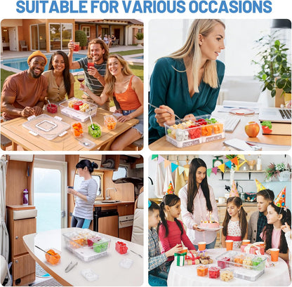 Ice Chilled Condiment Caddy with 8x13.5oz Containers, Large Portable Snack Containers with Lid & Handle, Fruit Veggie Salad Chilled Serving Trays for Party Travel Beach Picnic Outdoor