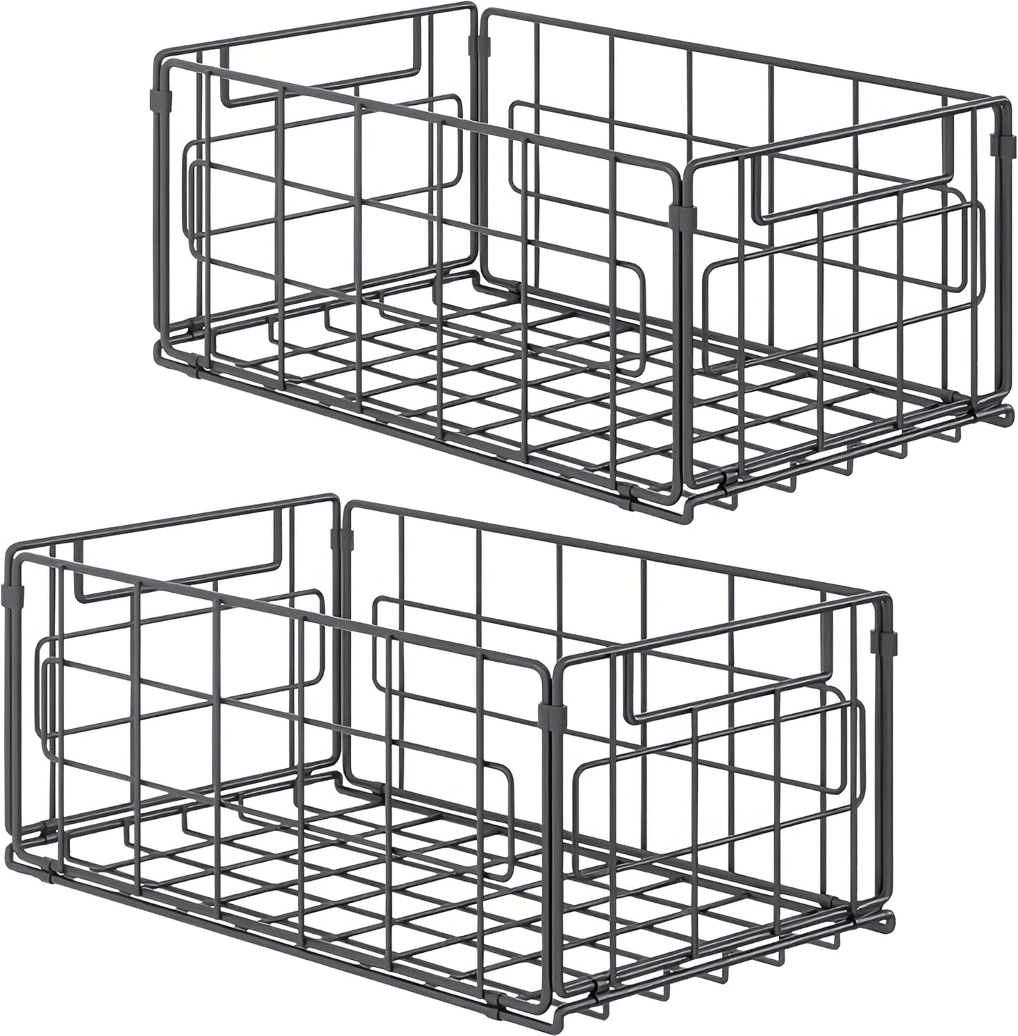 2Pack Wire Storage Bins Baskets,13.8inch Large Foldable Organizer Multipurpose Steel Basket Pantry Storage Bin Rack with Handle for Kitchen Cabinets, Pantry, Freezer, Bathroom,Closets 35x21.5x16 cm