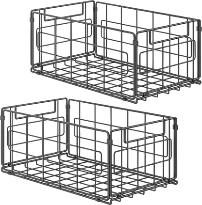2Pack Wire Storage Bins Baskets,13.8inch Large Foldable Organizer Multipurpose Steel Basket Pantry Storage Bin Rack with Handle for Kitchen Cabinets, Pantry, Freezer, Bathroom,Closets 35x21.5x16 cm