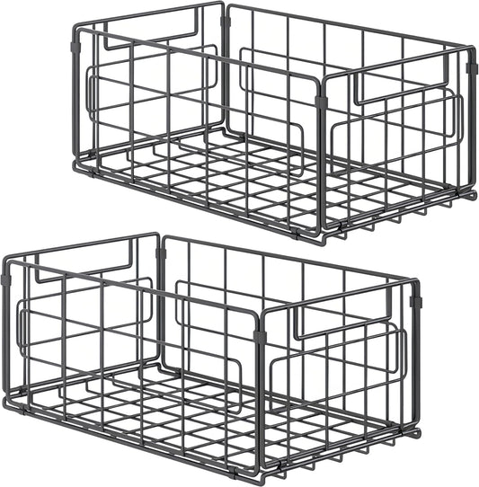 2Pack Wire Storage Bins Baskets,13.8inch Large Foldable Organizer Multipurpose Steel Basket Pantry Storage Bin Rack with Handle for Kitchen Cabinets, Pantry, Freezer, Bathroom,Closets 35x21.5x16 cm
