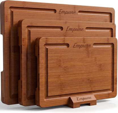 Empune Bamboo Cutting Boards for Kitchen, 3 Piece Extra Thick Cutting Board Set with Juice Groove, Deep Carbonized Bamboo Chopping Board, Reversible Wood Cutting Board for charcuterie boards, Brown
