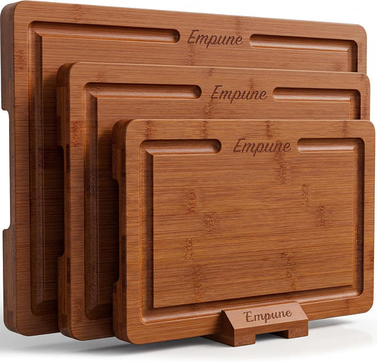 Empune Bamboo Cutting Boards for Kitchen, 3 Piece Extra Thick Cutting Board Set with Juice Groove, Deep Carbonized Bamboo Chopping Board, Reversible Wood Cutting Board for charcuterie boards, Brown