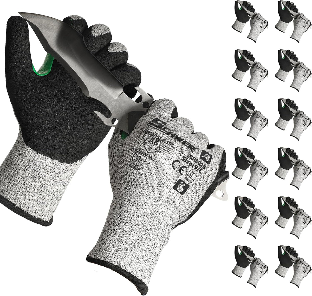 Schwer 12 Pairs A4/A5/A6 Cut Resistant Gloves, Non PFAS CR3088, L