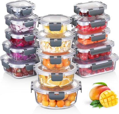 DANALLAN 30Pcs Glass Food Storage Containers with Lids Meal Prep Containers Airtight Leak Proof Bento Lunch Boxes Lunch Containers Sets Microwave Oven Freezer Dishwasher Safe