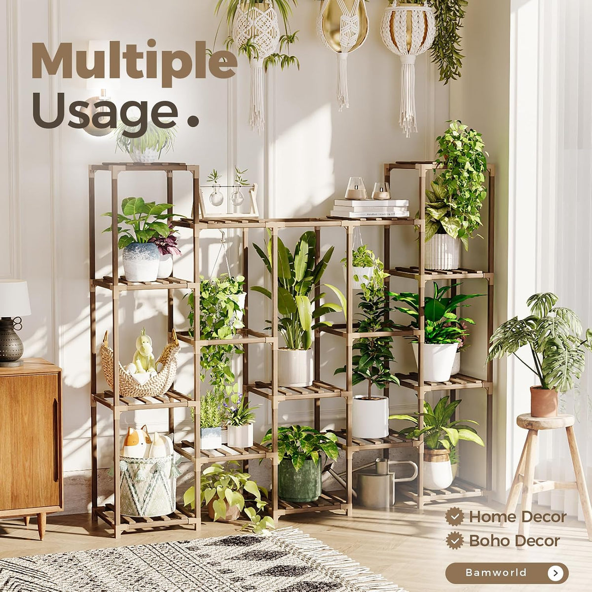 Bamworld Plant Stand Indoor Plant Shelf Outdoor Wood Plant Rack