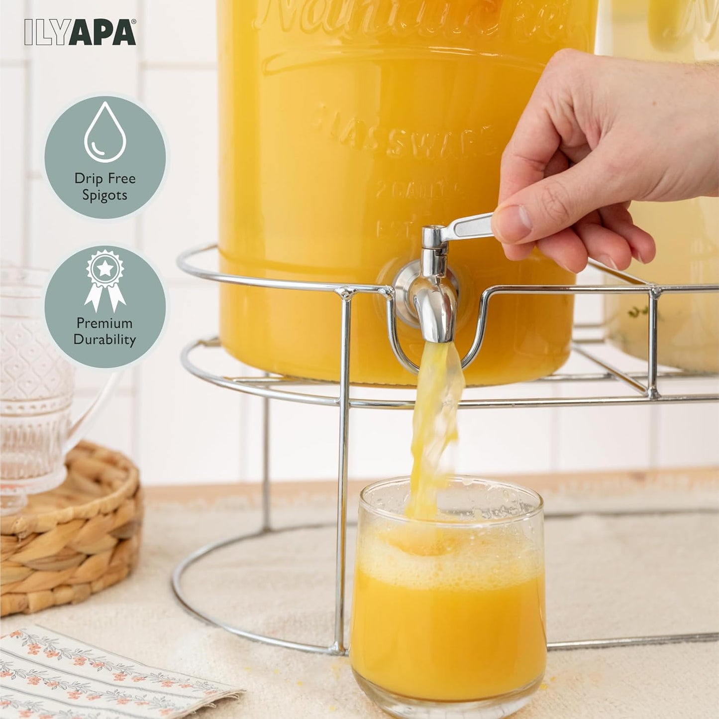 Ilyapa 2 Gallon Glass Beverage Dispenser, Metal Base, Stainless Steel Spigot & Hanging Chalkboard - for Lemonade, Tea, Cold Water & More