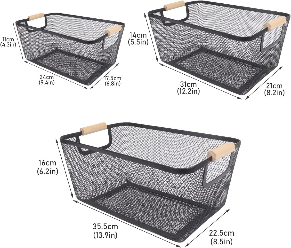 Potato and Onion Storage Bin, 2 Set Potato Bin Storage and Onion Container with Wooden Handle, Pantry Kitchen Organization and Storage, Metal Mesh Baskets for Fruit, Vegetable, Produce-White
