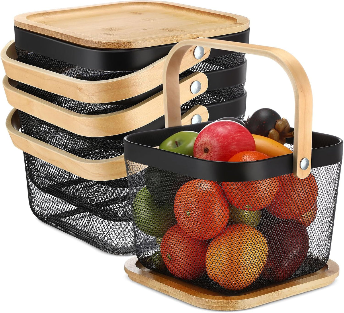 Maxdot 4 Pcs Metal Wire Mesh Fruit Basket with Lid and Handles Black Harvest Basket Fly-proof Fresh Vegetable Storage Bins Stackable for Gathering Kitchen Garden Picnic Shopping 9.6 x 9.6 x 7 Inch