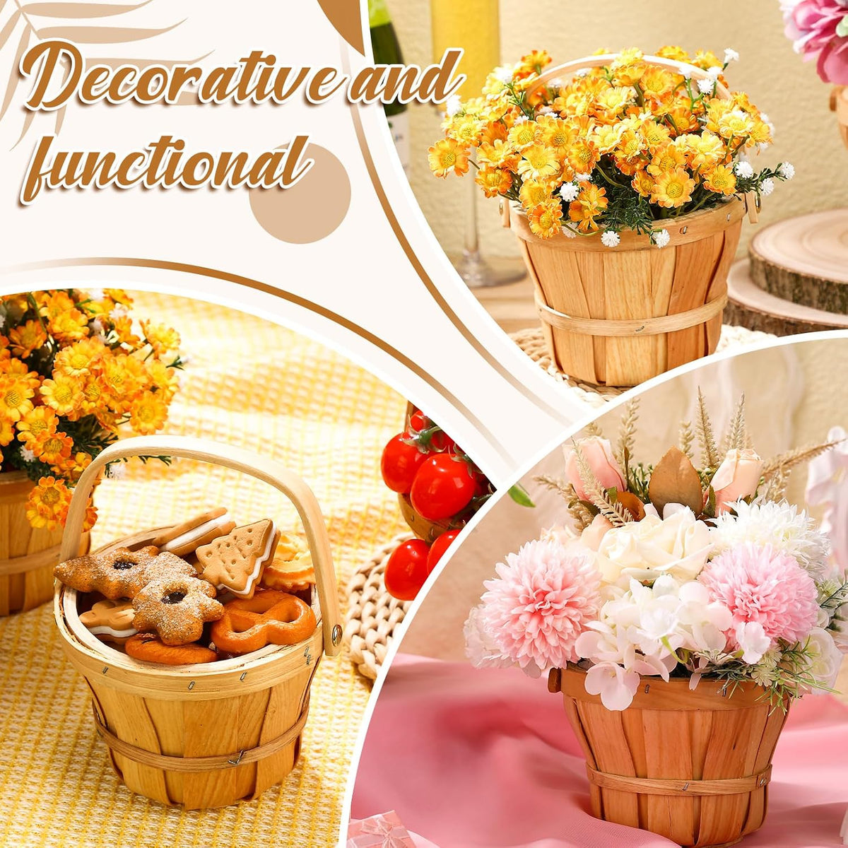 Marsui 15 Pcs Small Wooden Berry Baskets – 4 x 5.1 Inch Handcrafted Beach Baskets with Reinforced Handles, for Fruit, Market, Crafts, Gifts, Garden Picking & Decor (Brown)