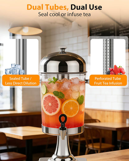 Beverage Dispenser with Stand, 3 Gallon Drink Dispenser for Parties,Events,Buffet &Self-Serve,Dual Ice Tube Core Fruit Infuser,Leakproof Spigot,Clear PC Container, Stainless Steel Lid&Base