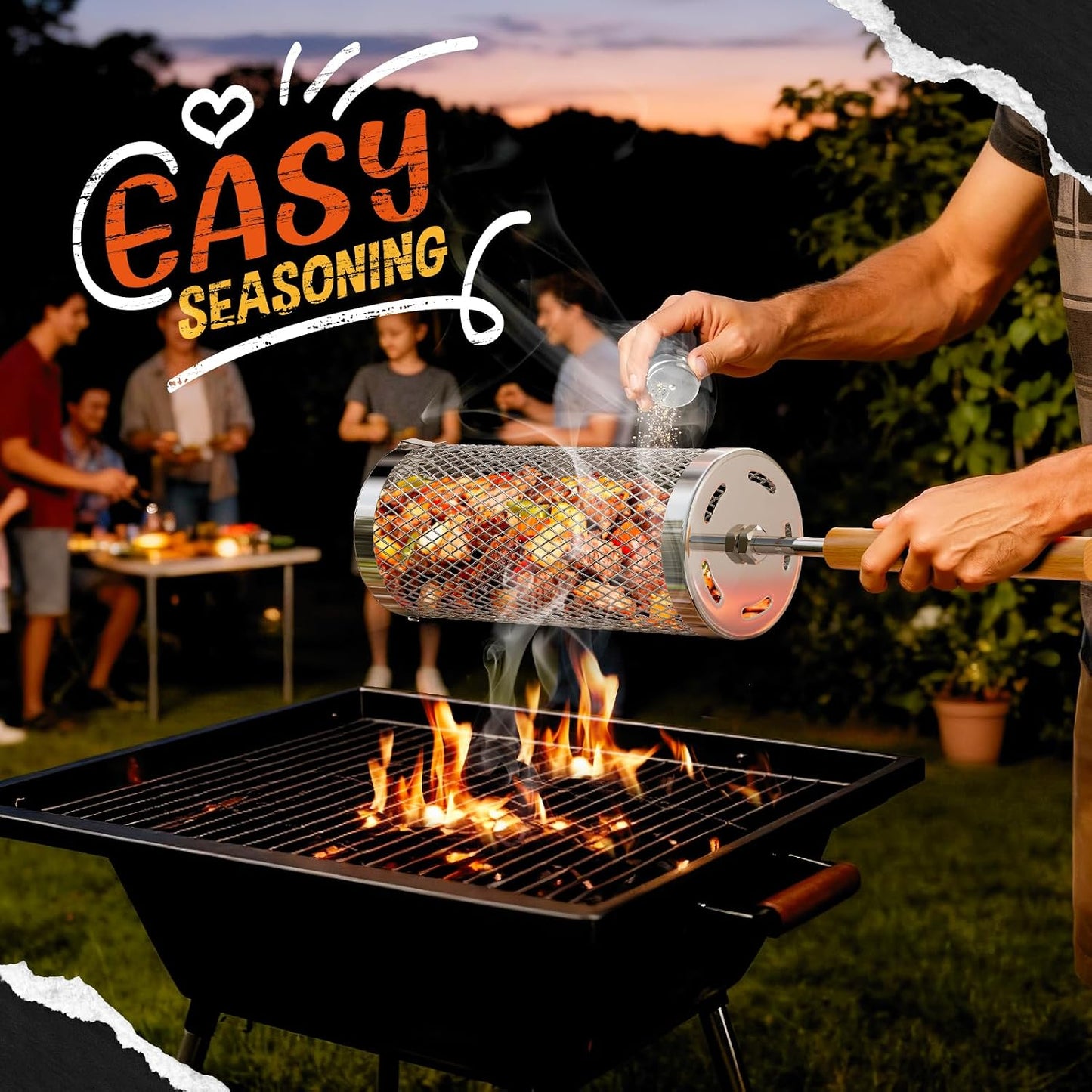 Rolling Grill Basket 2-Pack,304 Stainless Steel Grill Basket with Removable Wooden Handle,BBQ Tool & Smoker Accessory for Grill Rotisseries Veg & Shrimp,Ideal for Outdoor Cooking,Camping & Gifts for Dad/Husband/Men