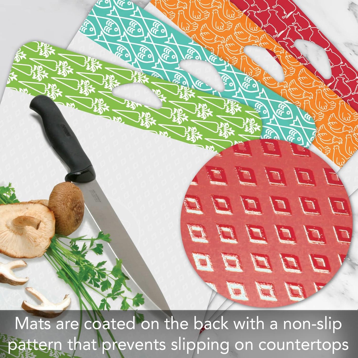 Cut N' Funnel Non-Slip Flexible Plastic Cutting Board Mat 4 Pack, Made in the USA Clear with Brightly Patterned Food Type Borders BPA Free 16" by 12"