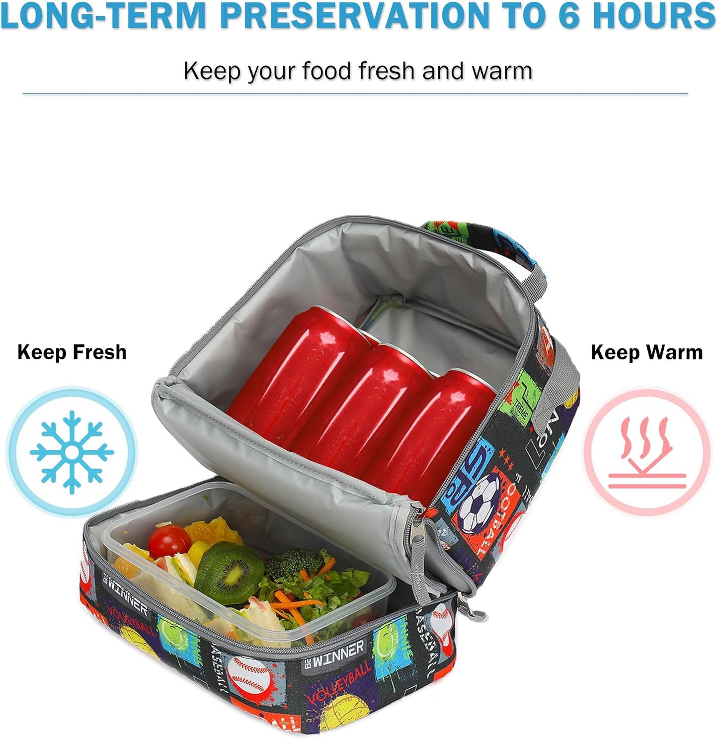 Tilami Lunch Bags Insulated Adjustable Strap Zipper, Two Compartments Cooler Bags, Bento Bags for Kids Toddlers (Blue)
