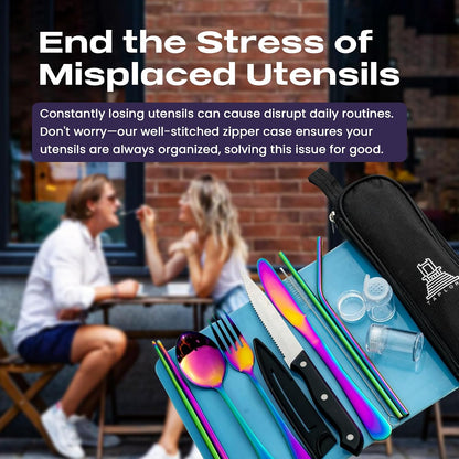 Taplord Portable Travel Silverware Set With Case, Includes 10 Pcs of Travel Utensils With Case, Stainless Steel Flatware Set For Camping, Lightweight (Multi-Color)