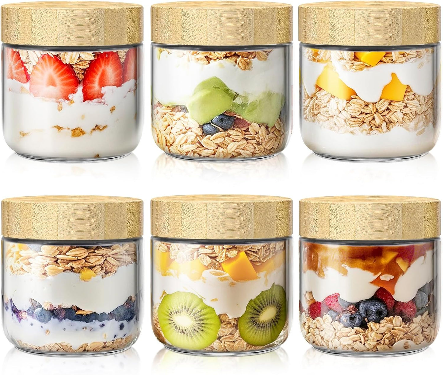 6 Pack 16oz Overnight Oats Containers with Bamboo Lids, Glass Jars with Airtight Lids for Meal Prep, Wide Mouth Mason Salad Jars, Glass Food Storage Container for Yogurt Chia Snacks Spice Sugar