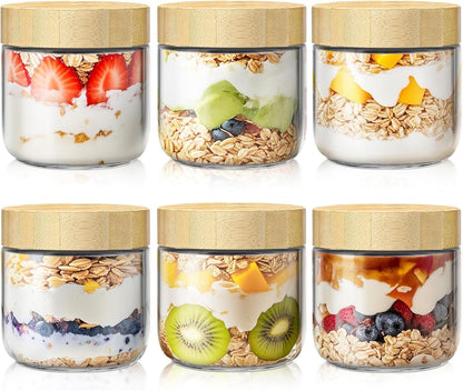 6 Pack 16oz Overnight Oats Containers with Bamboo Lids, Glass Jars with Airtight Lids for Meal Prep, Wide Mouth Mason Salad Jars, Glass Food Storage Container for Yogurt Chia Snacks Spice Sugar