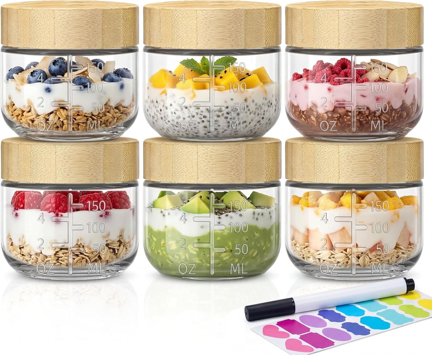 6oz Glass Jars with Airtight Lids - 6 Pack Overnight Oats Containers with Bamboo Lids, Small Food Containers with Measurement for Yogurt, Salad, Chia, Wide Mouth Mason Jar with Lid for Food Storage
