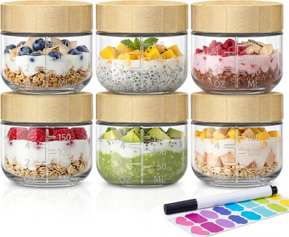6oz Glass Jars with Airtight Lids - 6 Pack Overnight Oats Containers with Bamboo Lids, Small Food Containers with Measurement for Yogurt, Salad, Chia, Wide Mouth Mason Jar with Lid for Food Storage