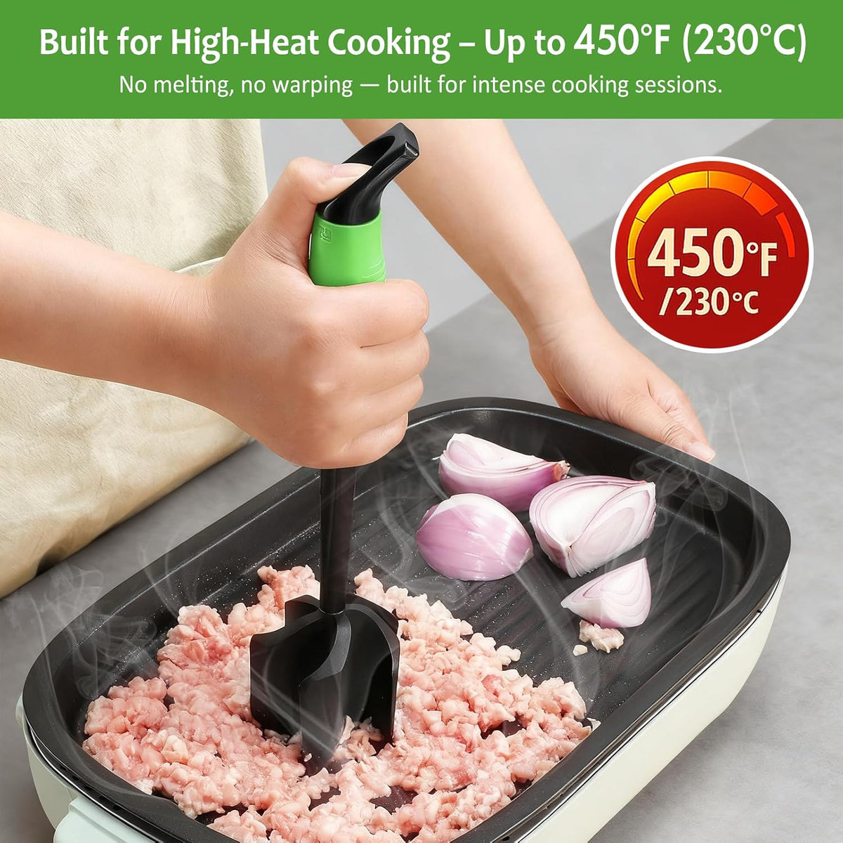 Ourokhome Meat Chopper and Potato Masher, Heat Resistant Nylon Ground Beef Smasher for Hamburger, 5 Curved Blades Nonstick Safe Mixer & Stirrer, Practical Kitchen Gadgets, Mint
