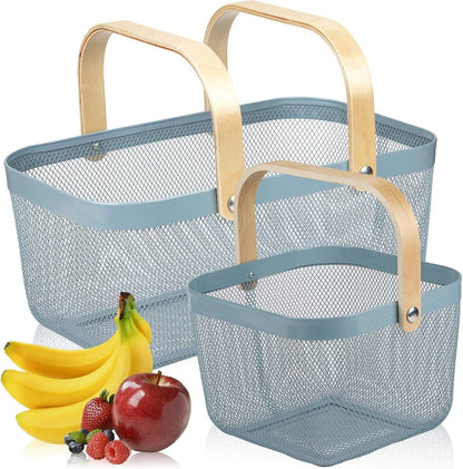 Coloful Metal Mesh Wire Basket with Foldable Wooden Handle,Bin Garden Fruit Vegetable Storage Hanging Harvest Holder for Kitchen Bathroom Picnic (Yellowish Green, Cuboid-15.7 x 9.5 x 7.2“)