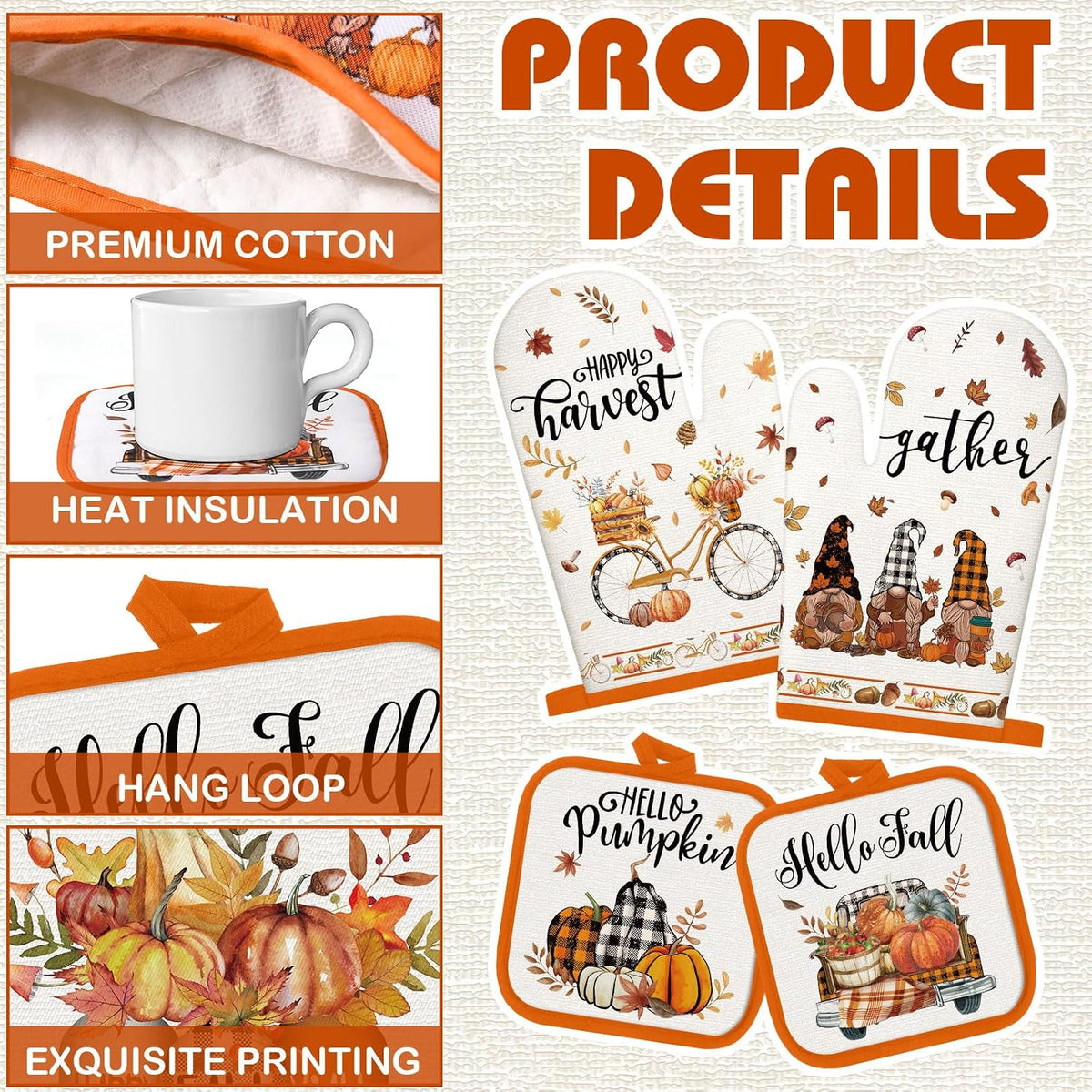 SiliFine 12 Pcs Fall Pumpkin Kitchen Towels Oven Mitts Pot Holders Set