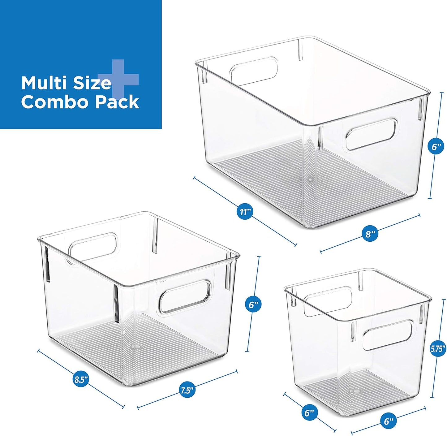 Seseno Set Of 6 Clear Pantry Organizer Bins Household Plastic Food Storage Basket with Cutout Handles for Kitchen, Countertops, Cabinets, Refrigerator, Freezer, Bedrooms, Bathrooms