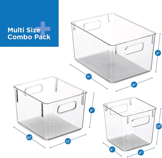 Seseno Set Of 6 Clear Pantry Organizer Bins Household Plastic Food Storage Basket with Cutout Handles for Kitchen, Countertops, Cabinets, Refrigerator, Freezer, Bedrooms, Bathrooms