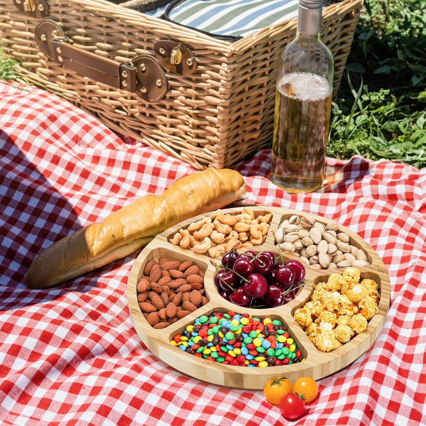 Dicunoy Divided Serving Dish Tray, 13'' Bamboo Rotatable Veggie Fruit Platter, Lazy Susan Relish Sectional Snack Container Bowls with 6 Compartments for Candy, Appetizer, Nuts, Parties