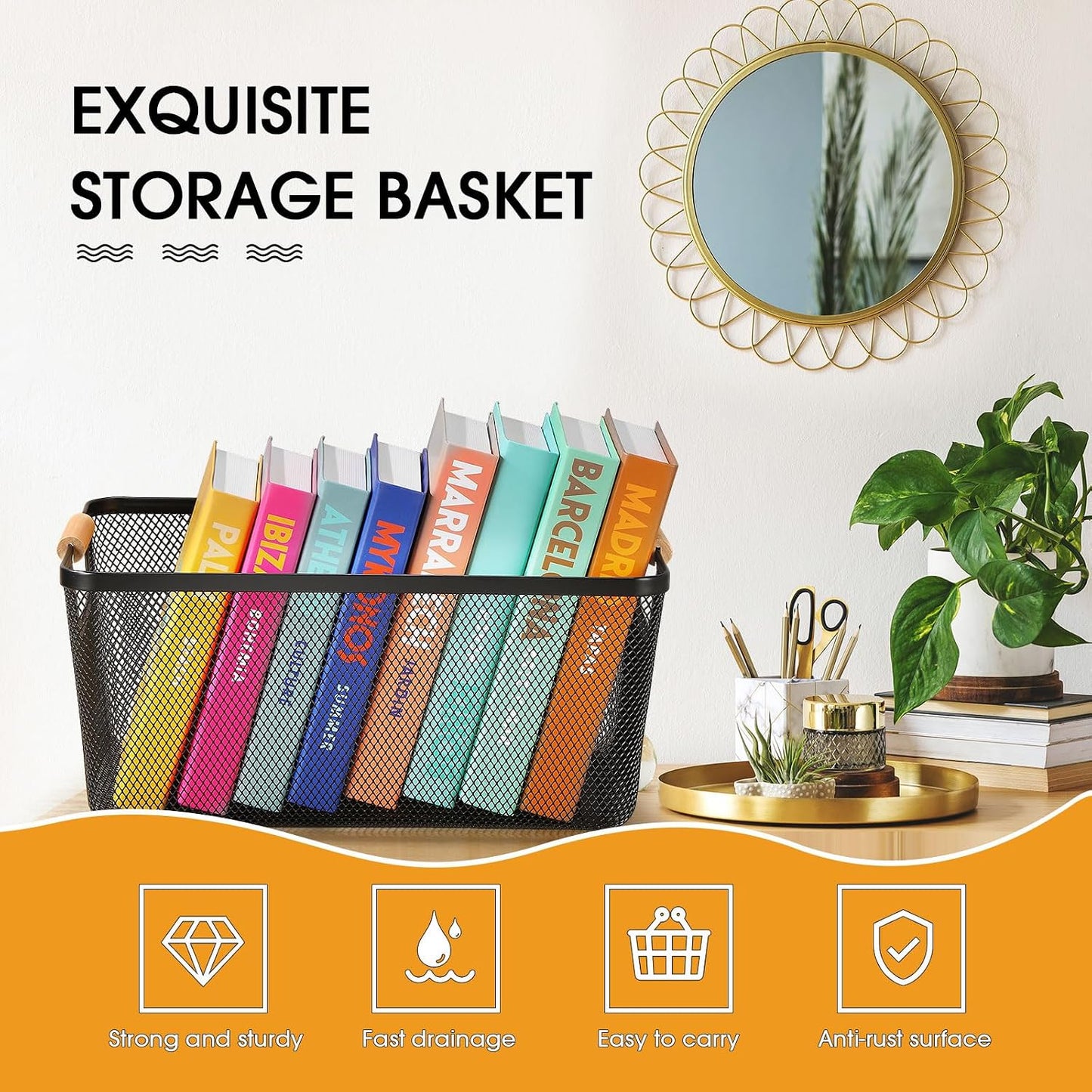 Ziliny 4 Pcs Metal Mesh Wire Baskets with Wooden Handles for Organizing, Pantry Organizers and Storage Steel Bin Kitchen Baskets for Fruit Potato Onion Snacks Bathroom Cabinet(Medium,Cream White)