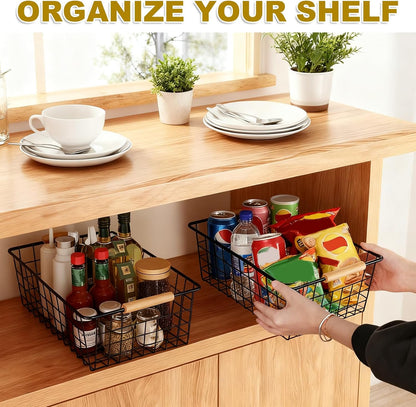 4 Pack Black Metal Wire Storage Baskets, Pantry Baskets for Organizing, Wire Food Storage Basket Organizer with Wooden Handles for Kitchen, Pantry, Freezer - 29 x 22 x 12cm