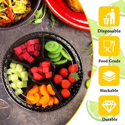 Tiaiidi 12 Pack Plastic Appetizer Trays with Lids,Disposable Compartment Serving Platters,6 Sectional Catering Trays for Serving Food