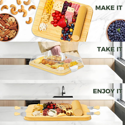 MinBoo Bamboo 2-in-1 Charcuterie Board with Lid,Travel Portable Bamboo Cheese Board, Covered Serving Tray, Large Cutting Board for Kitchen,House Warming Birthday Gifts for Her Him Women Men Mom Dad