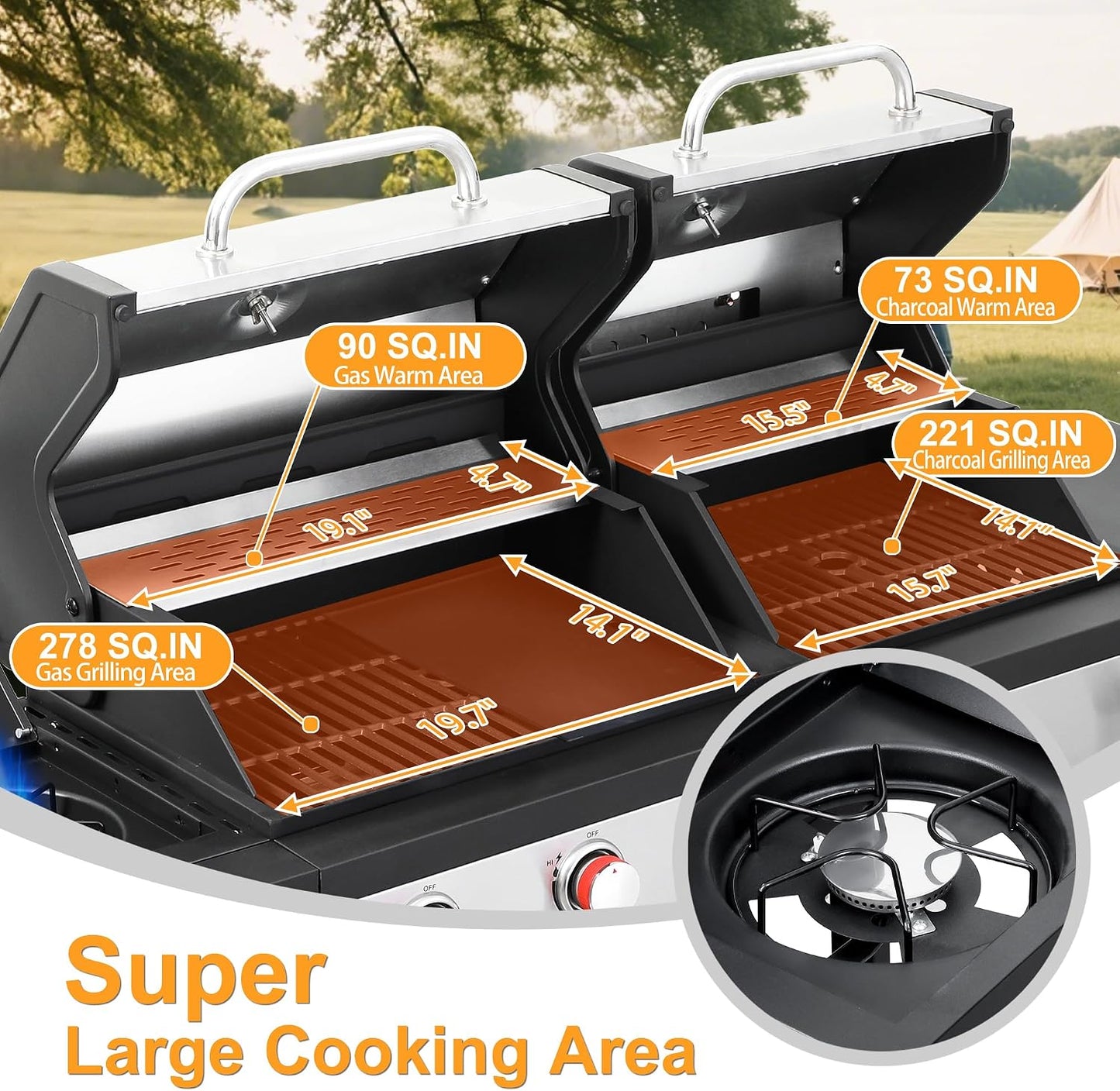 Propane & Charcoal Grill Combo with Cast Iron Grate & Plate, Dual Fuel BBQ Grill for Outdoor Events & Backyard Barbecue with Easy-Clean System, Stainless Steel Lids, Side Burner