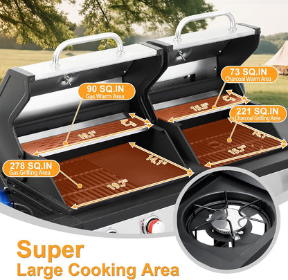 Propane & Charcoal Grill Combo with Cast Iron Grate & Plate, Dual Fuel BBQ Grill for Outdoor Events & Backyard Barbecue with Easy-Clean System, Stainless Steel Lids, Side Burner