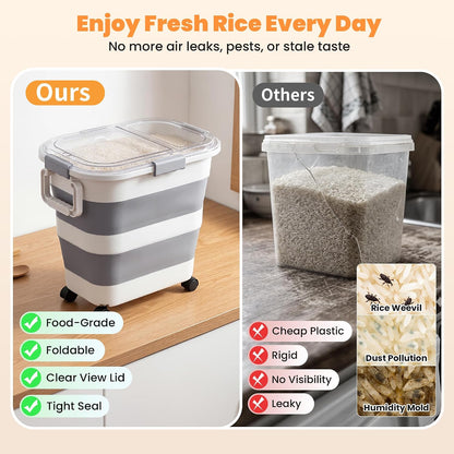 30 Lbs Rice Storage Container with Wheels, Collapsible Airtight Dog Food Storage Container with Transparent Lid, Measuring Cup, Scoop, Handle, BPA Free Rice Holder for Pet Food, Grain, Bird Seed
