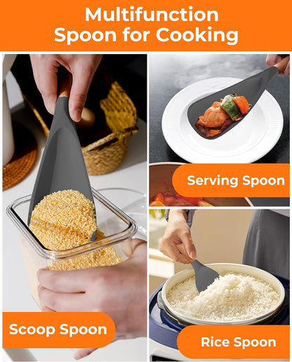 Cooking Spoon Multifunction Spoonula Silicone Spatula Spoon 2-Pack, Dual-Use Heat Resistant 446°F, BPA-Free Non-Toxic Wooden Handle Rice Spoon Set for Non-Stick Cookware & Rice Cookers (Black)