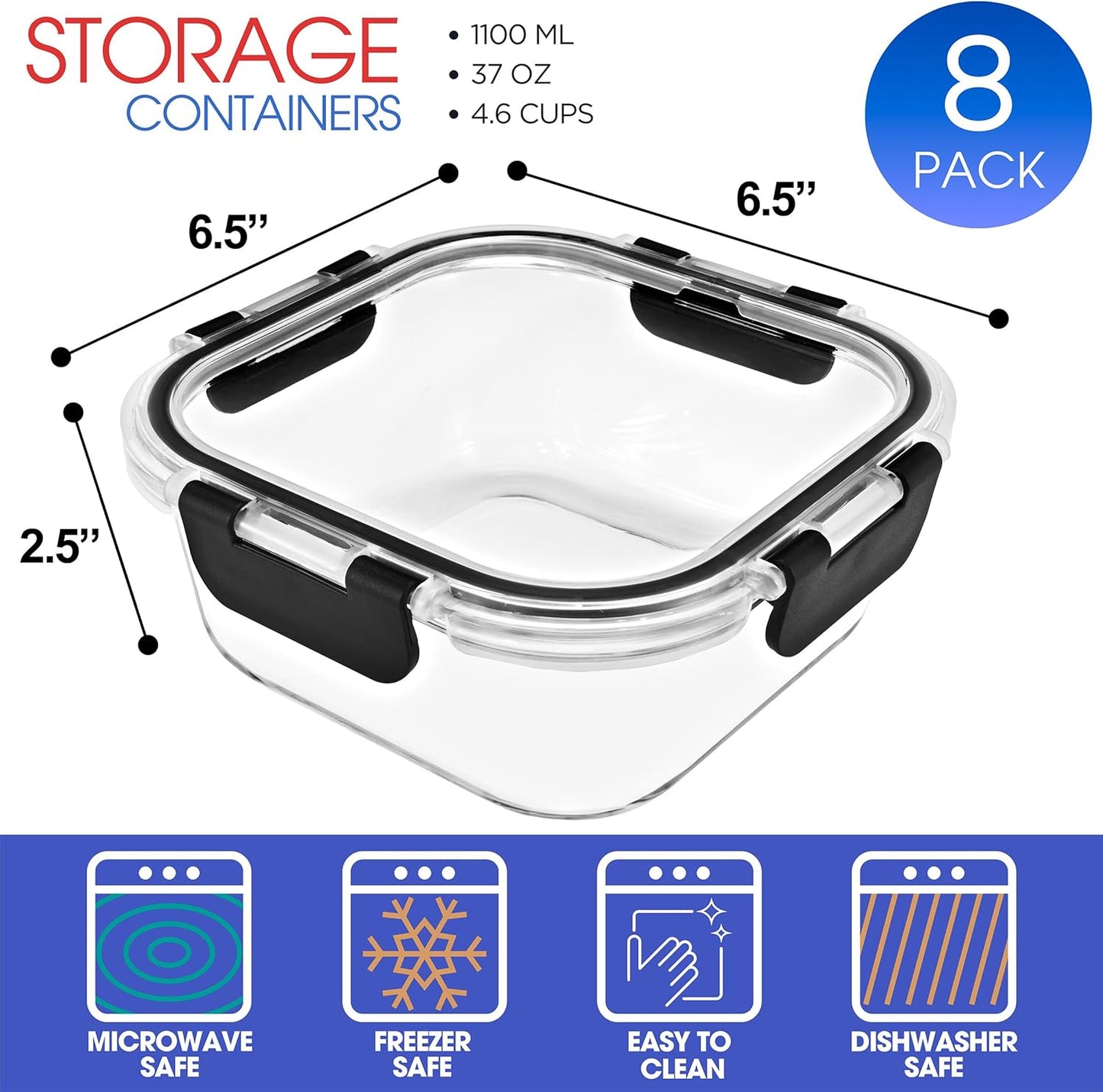 Sorbus 16pc (8 Rectangular 35oz Food Storage Containers and 8 Airtight Lids) – 4.4 Cup Glass Meal Prep Containers, Dishwasher, Freezer, and Oven Safe – Reusable Glass Food Containers for Meal Prep