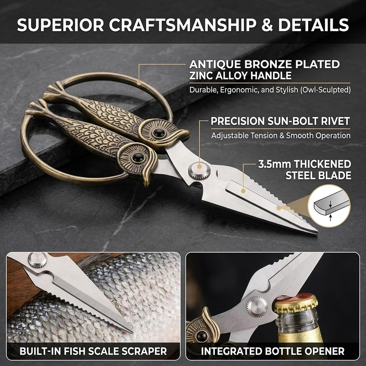 XSNBRD All Purpose Kitchen Scissors, Pearl Gold Stainless Owl Shears.