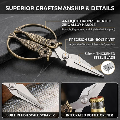 XSNBRD All Purpose Kitchen Scissors, Pearl Gold Stainless Owl Shears.
