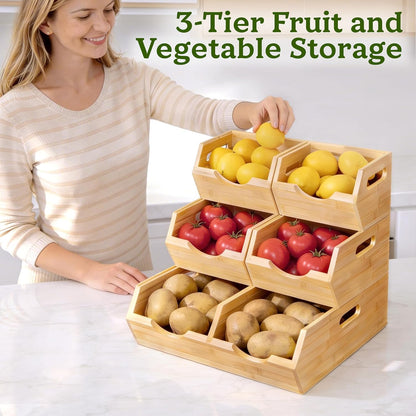HOMESTEAD 3-Tier Bamboo Pantry Storage Bins – Stackable Potato & Onion Storage Bin with Handles, Fruit Basket & Produce Organizer for Kitchen Countertop, Pantry Organization, Set of 5