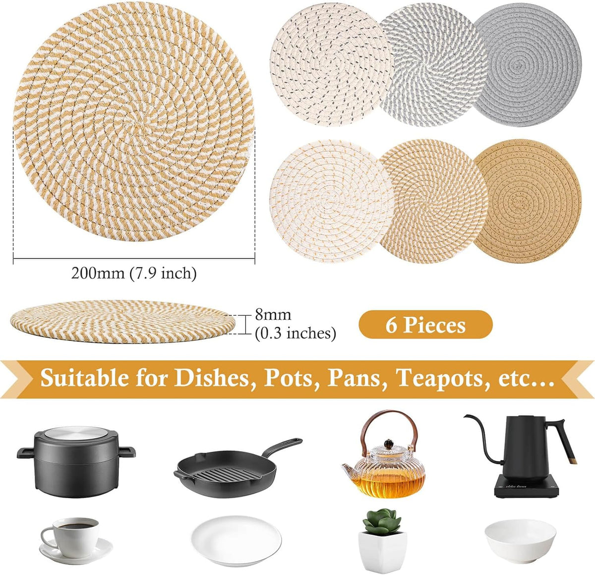 Billbotk 8'' Trivets Hot Dishes, Hot pots and Pans, 6 Heat Resistant Hot Pads, Pot Holders Kitchen, Hot Plate Mats Kitchen Countertops, Table, Home Essentials New Home and Farmhouse Decor