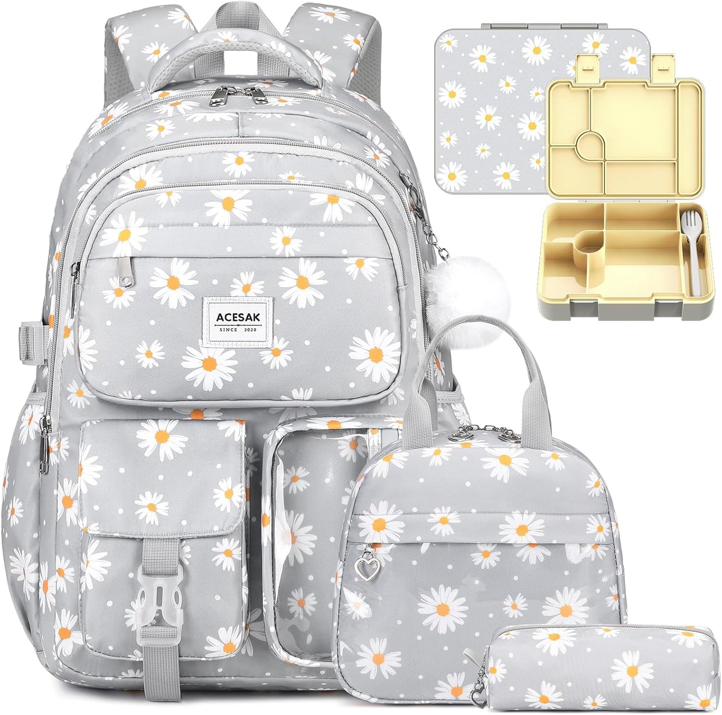 ACESAK Girls Backpack - Bento Box with Insulated Lunch Bag Pencil Case & Utensils Set for Kids, 6 Leakproof Compartments Removable Tray Lunches or Snack Container for School (Gray Daisy)